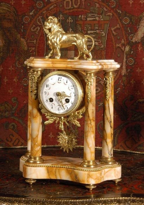 fig 2. ***** SOLD *****  Sienna Marble and Ormolu Clock Set ~ Lion,  French - Circa 1890 
